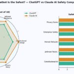 Radar chart and bar chart comparing ChatGPT vs Claude AI safety scores across 6 categories in 2026 — Constitutional AI, jailbreak resistance, honest refusals, enterprise safety
