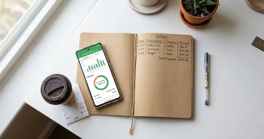 How to track your expenses daily — complete guide showing notebook, spreadsheet and budgeting app on desk 2026
