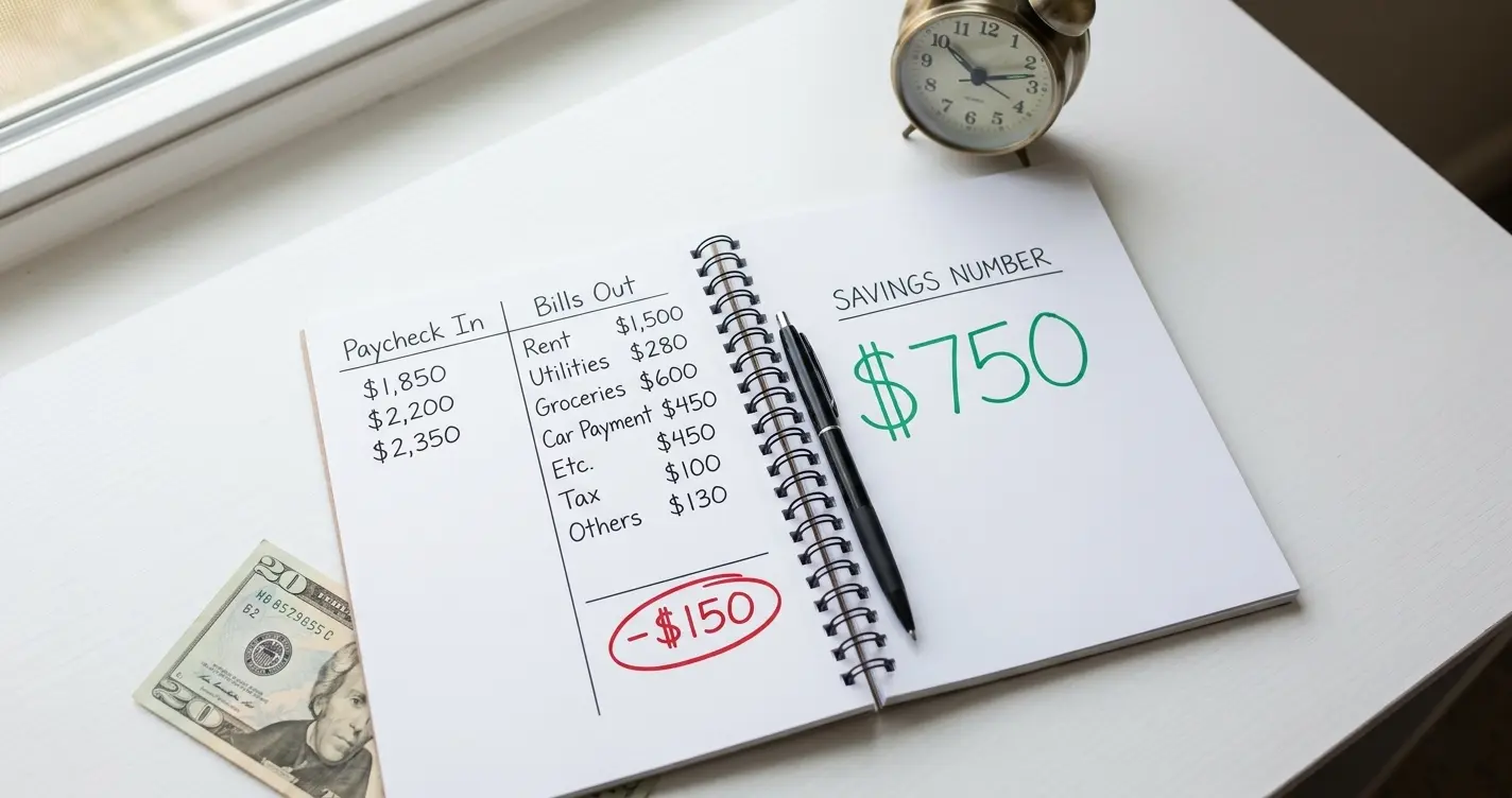 How to stop living paycheck to paycheck 2026 — open notebook showing monthly budget with savings column highlighted, a pen, and a coffee cup on a clean desk
