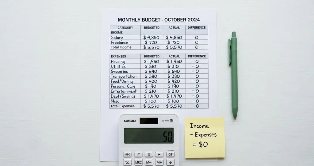 Zero-based budgeting for beginners 2026 — budget worksheet showing every dollar assigned to a category with income minus expenses equaling zero