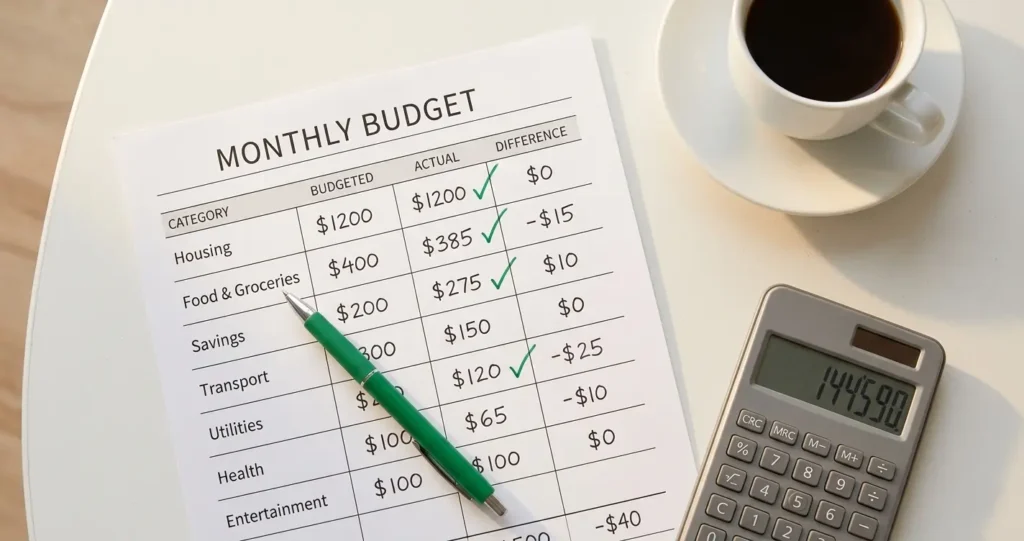 How to make a budget for beginners 2026 — open budget worksheet on a clean desk with a pen, calculator, and coffee cup