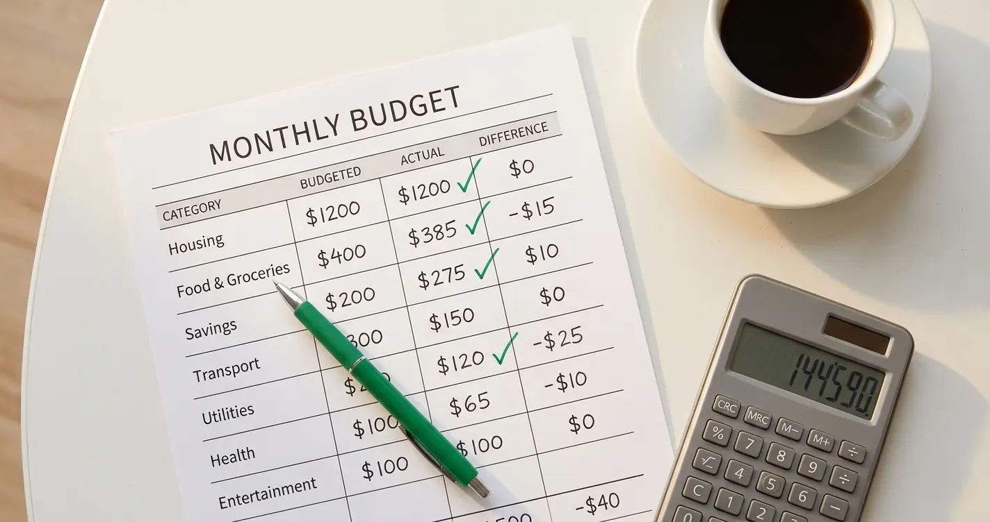 How to make a budget for beginners 2026 — open budget worksheet on a clean desk with a pen, calculator, and coffee cup