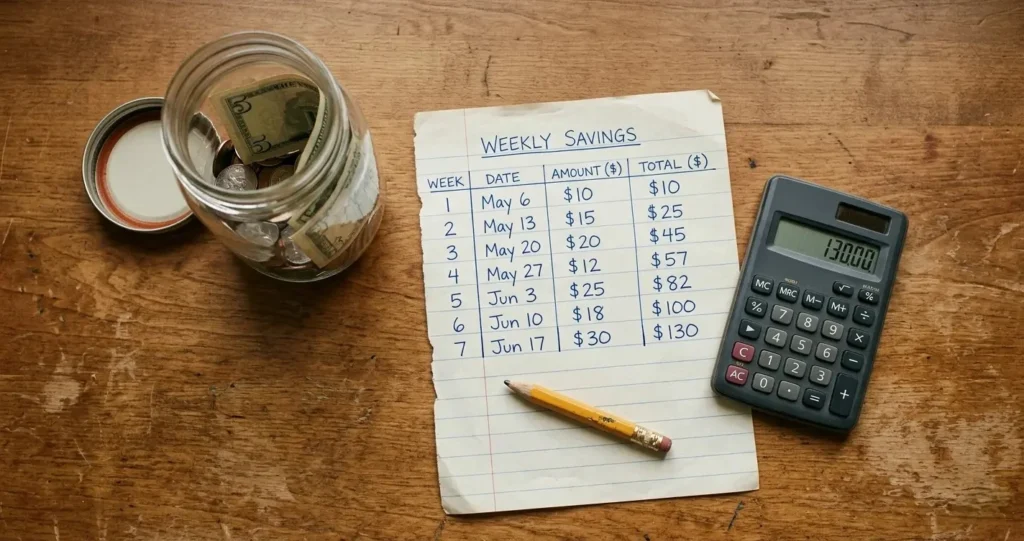 How to save money on a low income 2026 — small glass jar of coins on a simple desk with a hand-written savings tracker showing growing weekly amounts