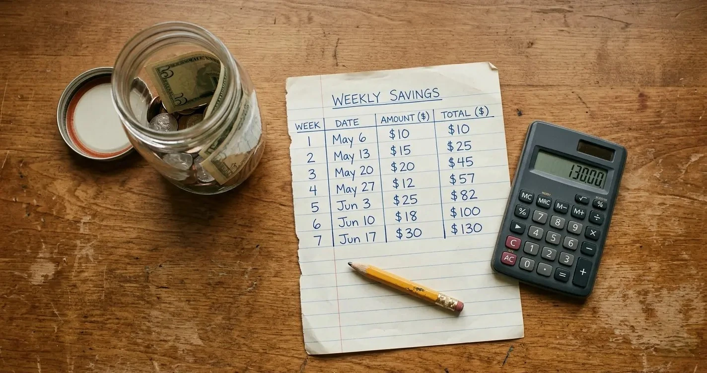 How to save money on a low income 2026 — small glass jar of coins on a simple desk with a hand-written savings tracker showing growing weekly amounts