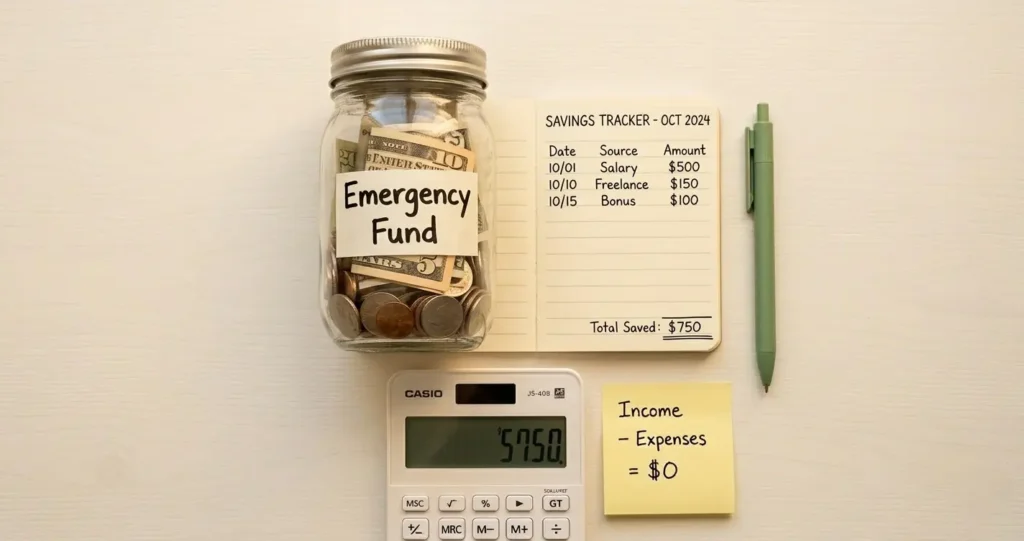 How to build an emergency fund fast 2026 — glass jar labeled emergency fund filling with coins next to a notebook and calculator on a white desk