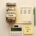 How to build an emergency fund fast 2026 — glass jar labeled emergency fund filling with coins next to a notebook and calculator on a white desk