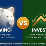 Saving vs investing comparison showing piggy bank and stock chart growth 2026