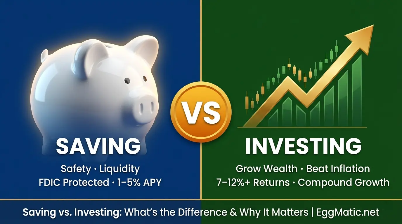 Saving vs investing comparison showing piggy bank and stock chart growth 2026