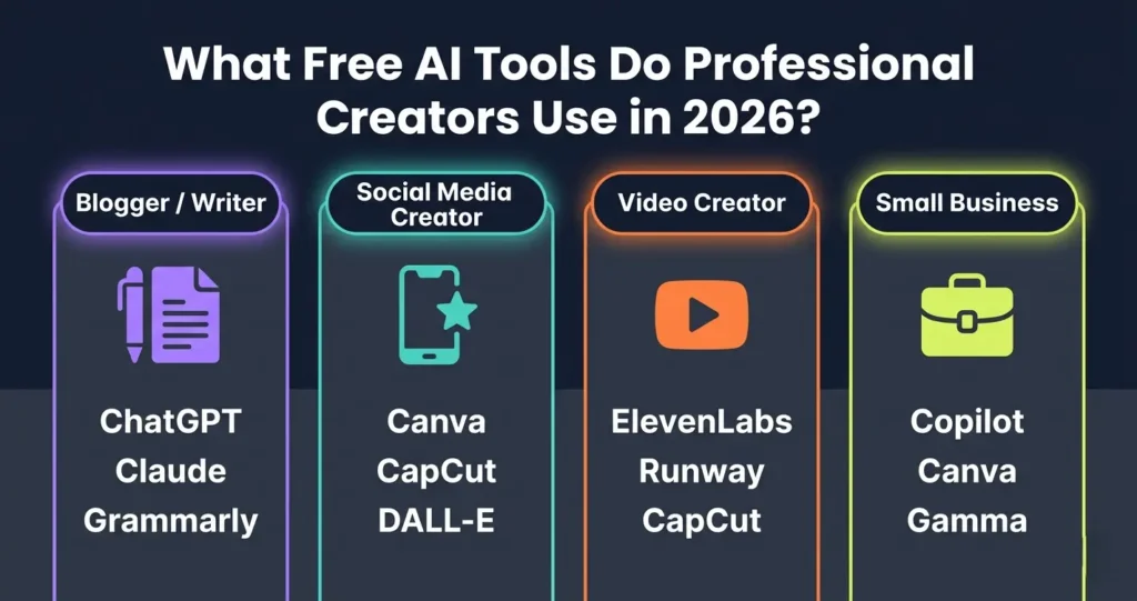 Free AI tools professional creators use 2026 — four creator type panels showing tools for blogger and writer, social media creator, video creator, and small business owner with specific tool names for each category
