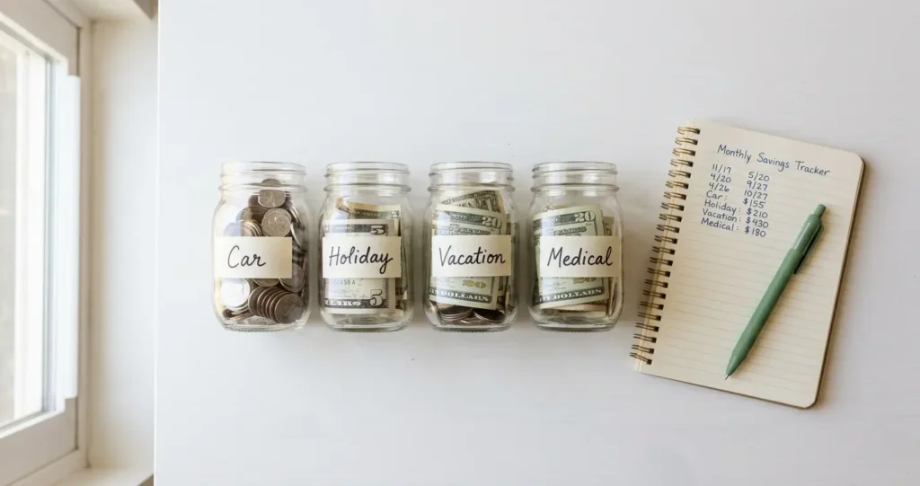 What is a sinking fund 2026 — labeled glass jars on a white shelf each showing a different savings category: car, holiday, vacation, medical