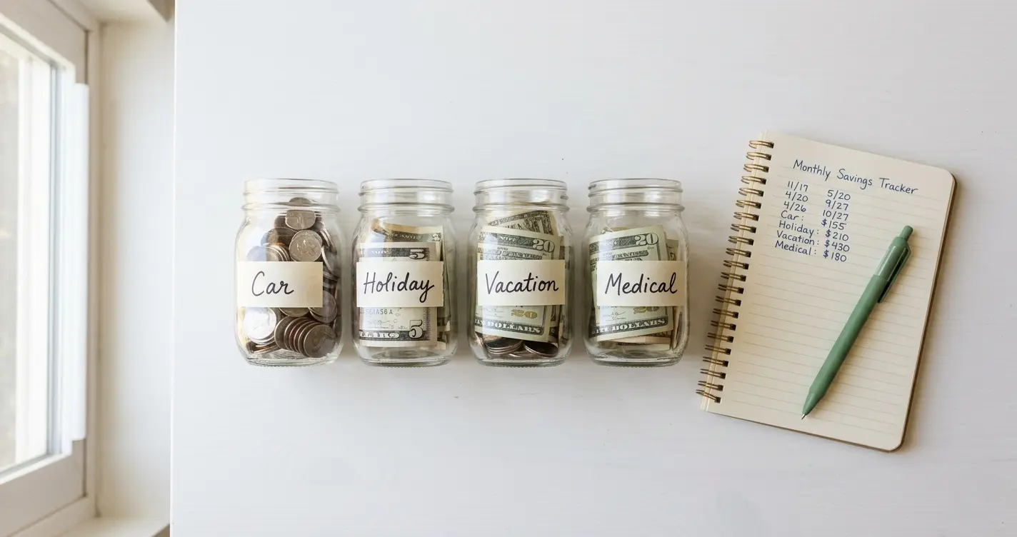 What is a sinking fund 2026 — labeled glass jars on a white shelf each showing a different savings category: car, holiday, vacation, medical