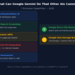 7 exclusive capabilities of Google Gemini AI that ChatGPT and Claude cannot match in 2026 — native Workspace integration, real-time Google Search, 1 million token context, Android integration, Google Meet summaries, Drive file reasoning and Google One storage bundle