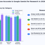 Bar chart comparing Google Gemini AI research accuracy versus ChatGPT and Perplexity across 5 categories in 2026 — current events 9.0, historical facts 9.0, academic citations 7.5, technical topics 9.0, complex reasoning 8.8 — plus 5 research accuracy tips panel