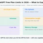 ChatGPT free plan limits 2026 — breakdown table showing GPT-4o limited to approximately 10 to 20 messages per 3 hours, GPT-4o mini unlimited, image generation limited to approximately 2 per day, file uploads limited, conversation length up to 100 messages and memory storage limited